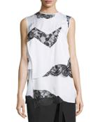 Sleeveless Layered Chiffon & Lace Top, Chalk