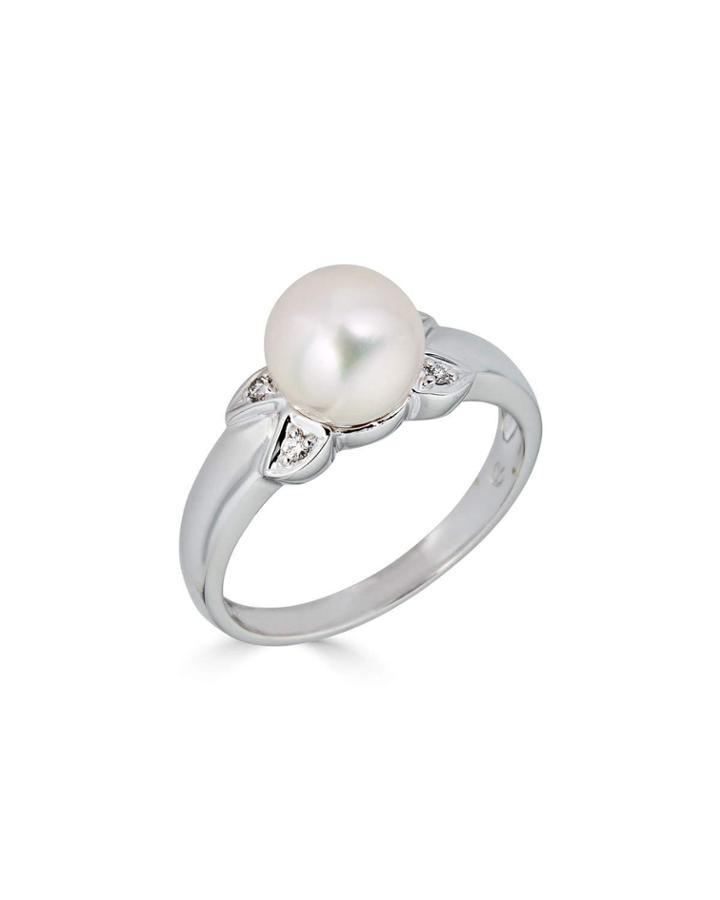 Classic 14k White Gold 4-diamond Pearl Ring,