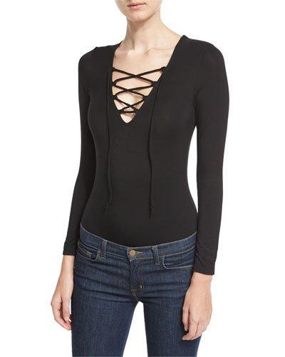 Lace-up Long-sleeve Bodysuit, Black