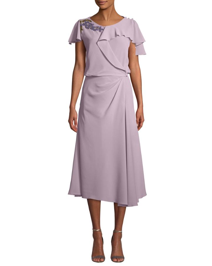 Floral-embroidered Draped Georgette Dress