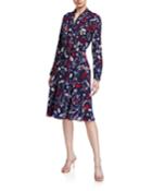 Belted Floral Pintuck Long-sleeve Dress