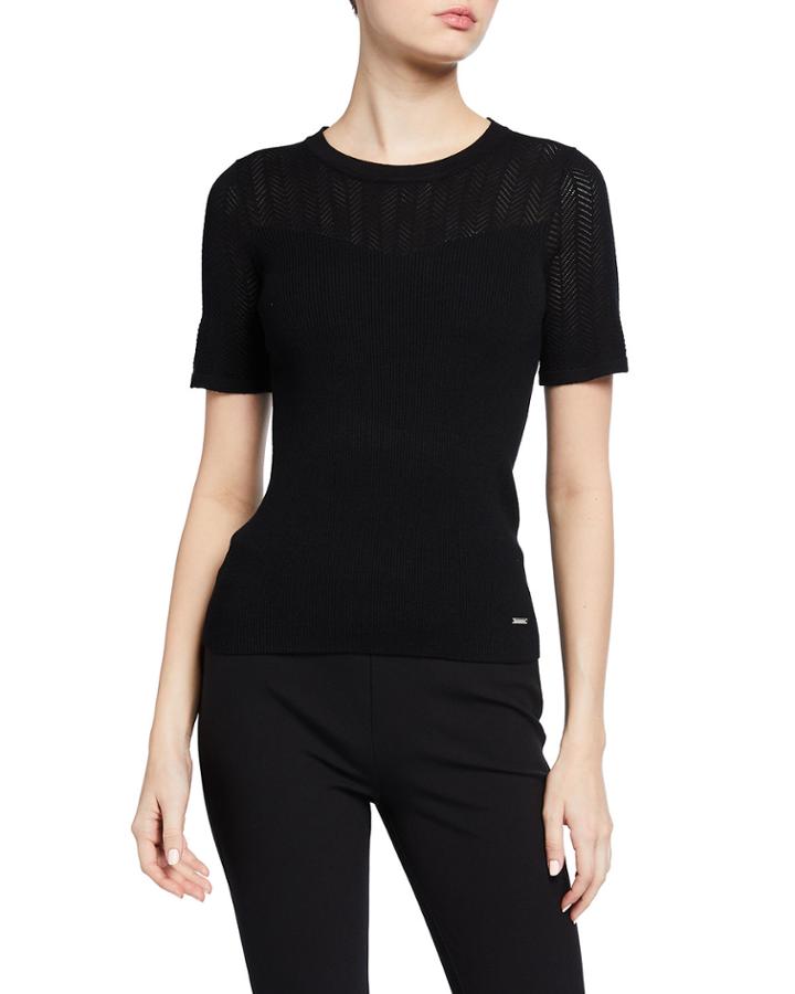 Pointelle Stitch Rib Short Sleeve Pullover
