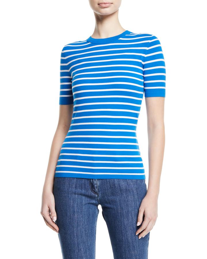 Crewneck Short-sleeve Striped Stretch-viscose Top