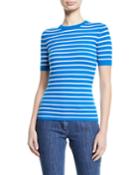 Crewneck Short-sleeve Striped Stretch-viscose Top