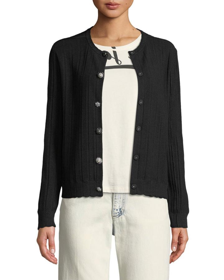 Crewneck Jewel-button Ribbed Wool-silk Cardigan