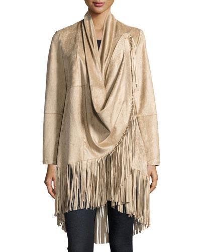 Fringed Long Faux-suede Jacket, Beige
