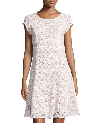 Crochet Short-sleeve Drop-waist Dress, Ivory/igloo/savannah Rose