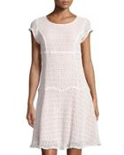 Crochet Short-sleeve Drop-waist Dress, Ivory/igloo/savannah Rose
