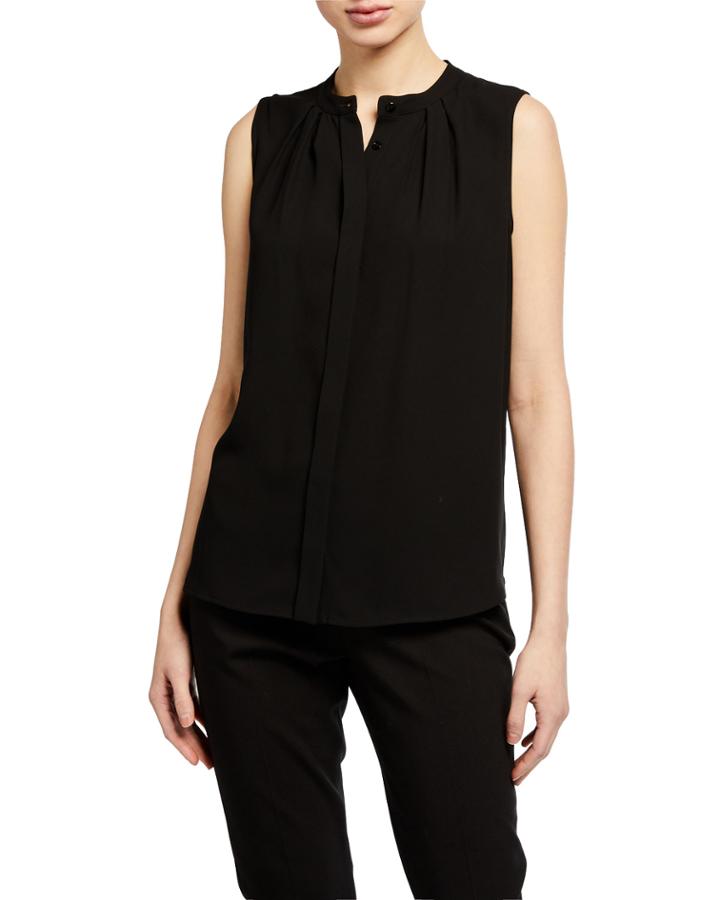 Sleeveless Mandarin Collar Front Pleat Top