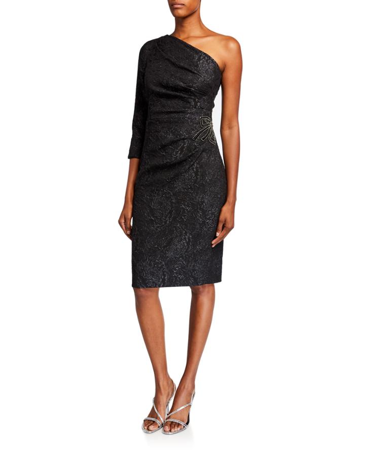 Stretch Jacquard One-shoulder Dress W/ Beaded Waist Applique