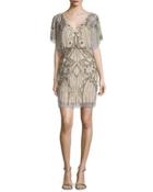 Short-sleeve Sequined & Beaded Blouson Dress