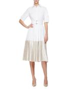 Half-sleeve Two-tone Midi Shirtdress, Champagne