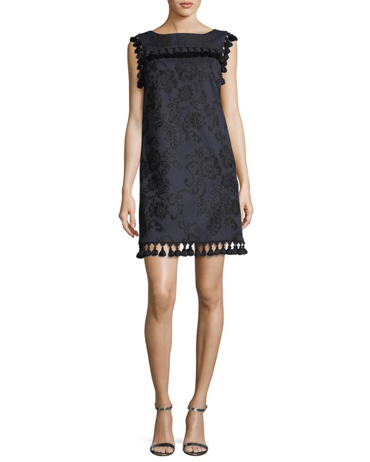 Boat-neck Sleeveless Embroidered Shift Dress W/ Tassels