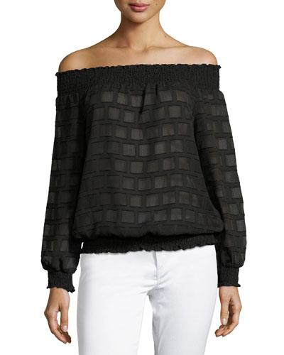 Off-the-shoulder Smocked Top, Black