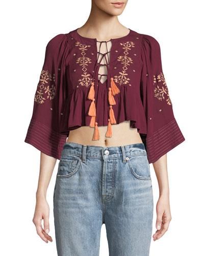 Lace-up Flutter-hem Peasant Blouse, Burgundy