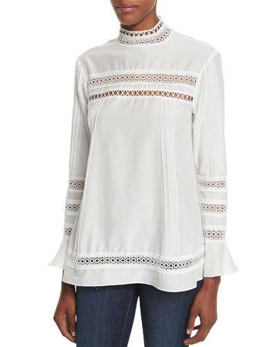 Lace-trim Long-sleeve Pintuck Blouse