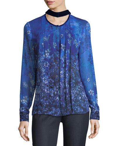 Floral-print Long-sleeve Snap-front Blouse