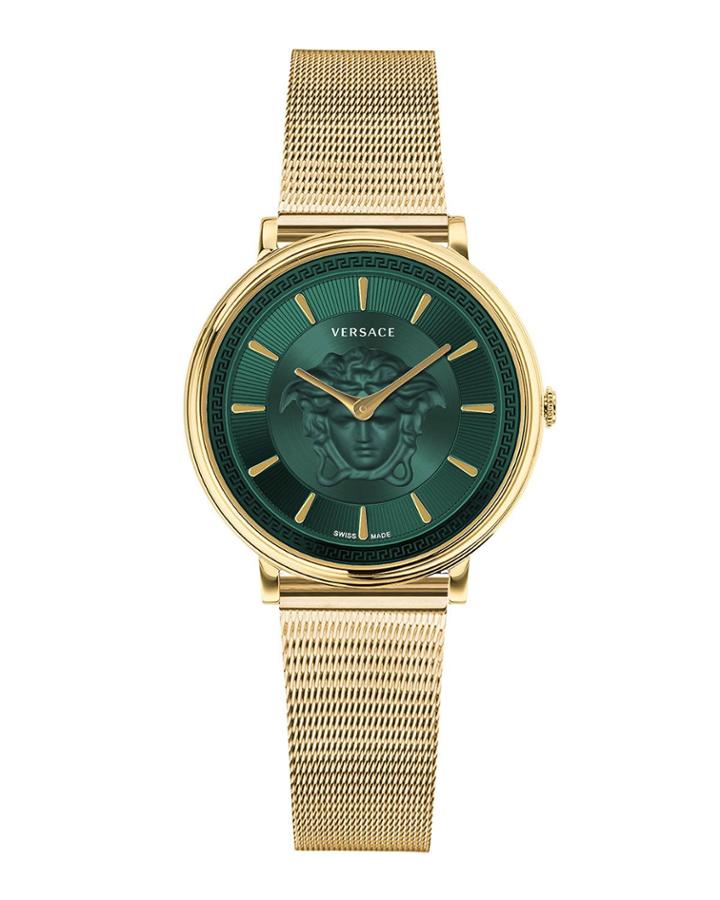 38mm V-circle Watch With Mesh Bracelet, Gold/green