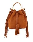 Everly Drawstring Leather Saddle Bag With Fringe Trim, Brown