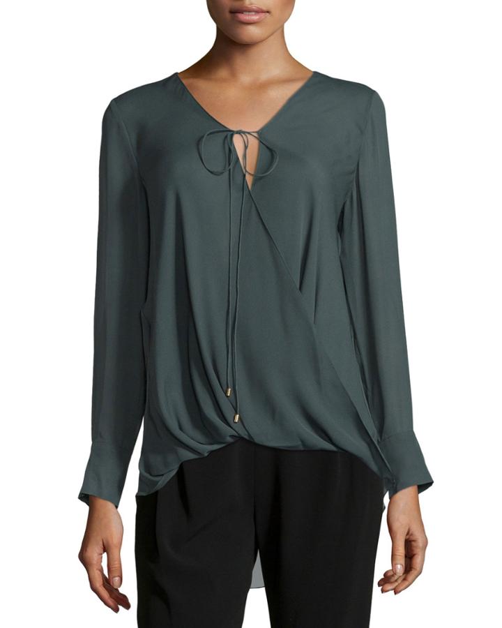 10 Crosby Derek Lam Drape-front Crepe Blouse W/tie, Bottle Green, Women's, Size: