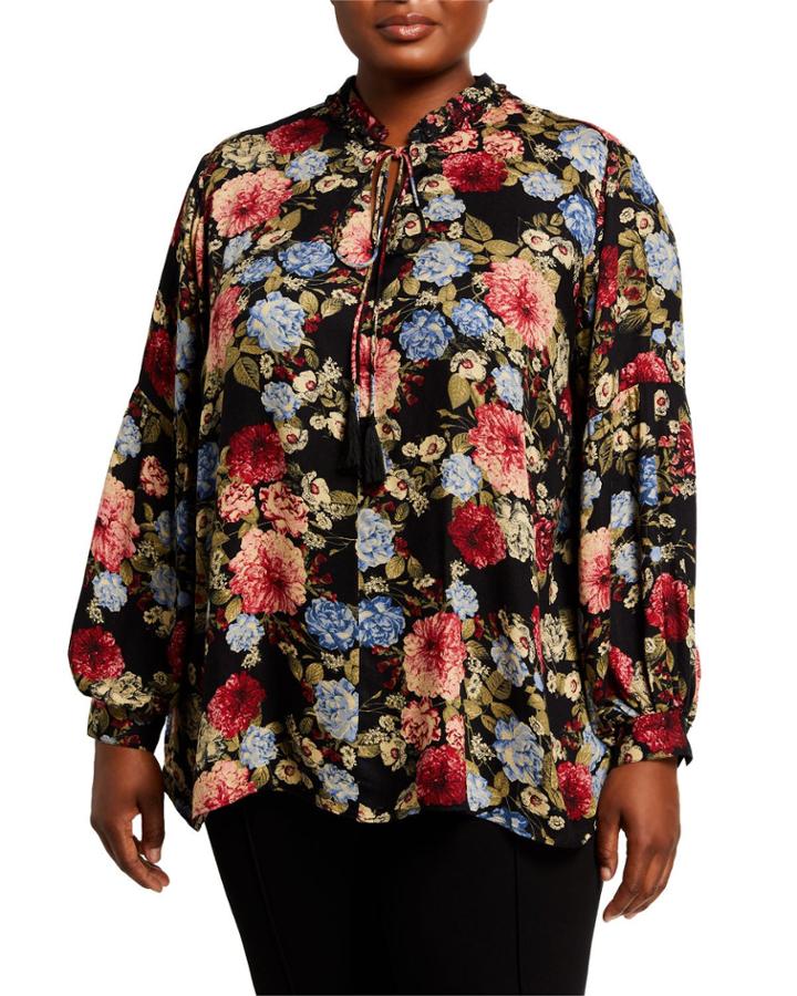 Plus Size Tie-front Shirt With Sprinkled Floral Print