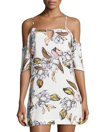 Leafy Floral-print Cold-shoulder Dress, White Pattern