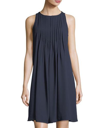 Pintuck-neck Swingy A-line Dress