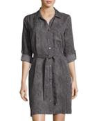 Snakeskin-print Long-sleeve Shirtdress, Black