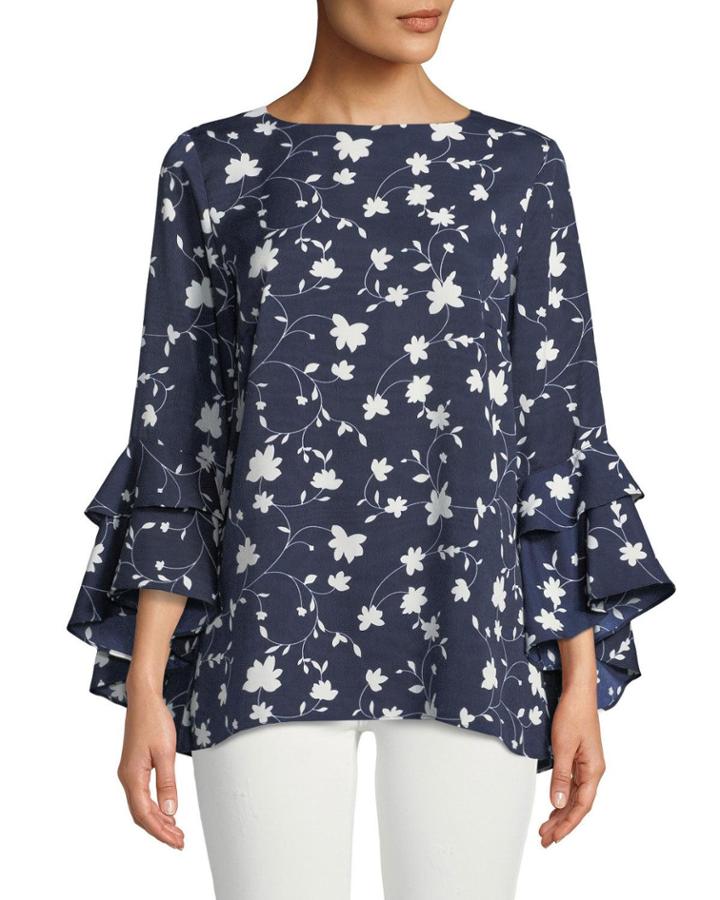Floral-print Cascading Ruffle-sleeve Blouse