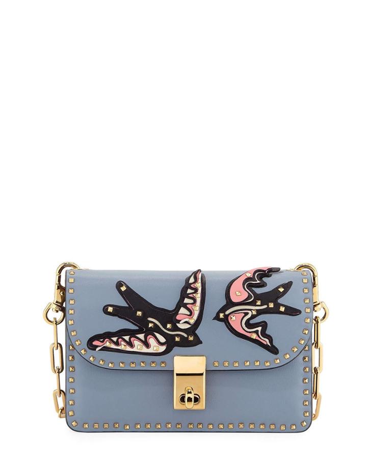 Studded Leather Shoulder Bag With Birds