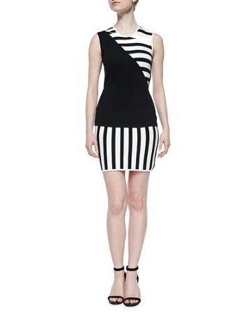 Asymmetric Striped Sheath Dress, Black/white