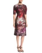 Elbow-sleeve Jacquard Cocktail Dress W/ Beaded Applique
