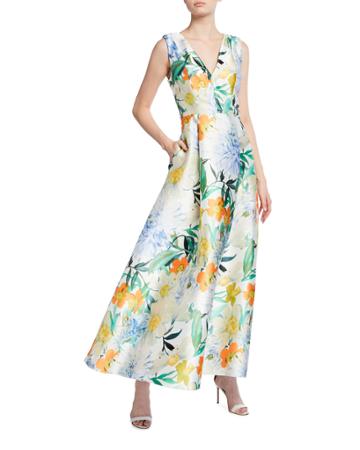 Printed V-neck Sleeveless Mikado Gown With Pockets