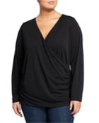 Wrap-front Shirred Long-sleeve Top,