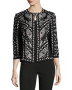 3/4-sleeve Leaf-print Knit Jacket,