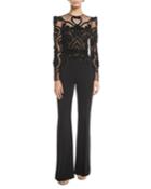 Long-sleeve Lace-bodice Crepe Cady Flared-leg Jumpsuit