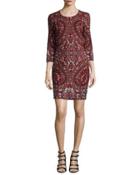 Paisley Embroidered 3/4-sleeve Dress,