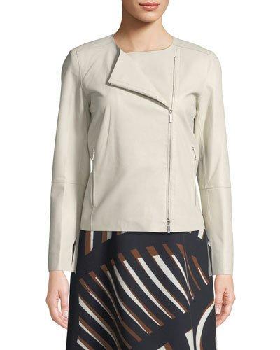 Christa Grain-embossed Lambskin Moto Jacket, Beige
