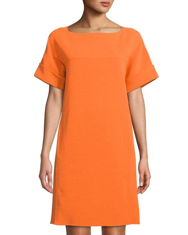 Short Sleeve Wool Shift Dress With Back Tie