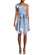 One-shoulder Striped Mini Wrap Dress W/ Cutout Embroidery