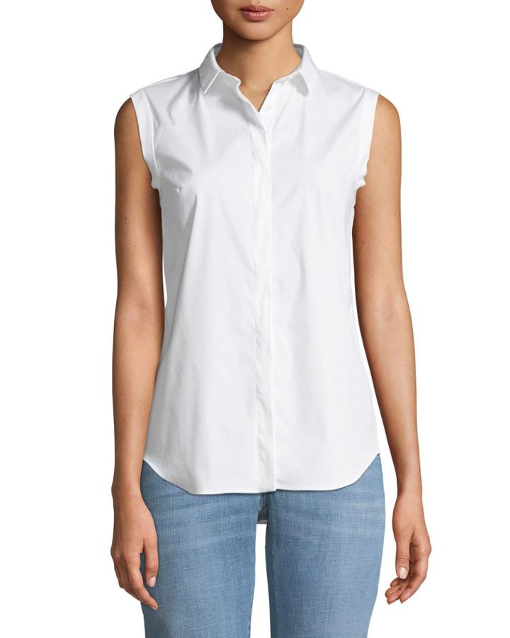 Satin-collar Sleeveless Button-front Blouse