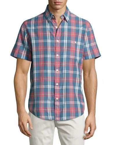 Seaview Short-sleeve Plaid-print Shirt, Multi Red/cream