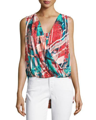 Draped Sleeveless Abstract-print Top, Burnt Poppy