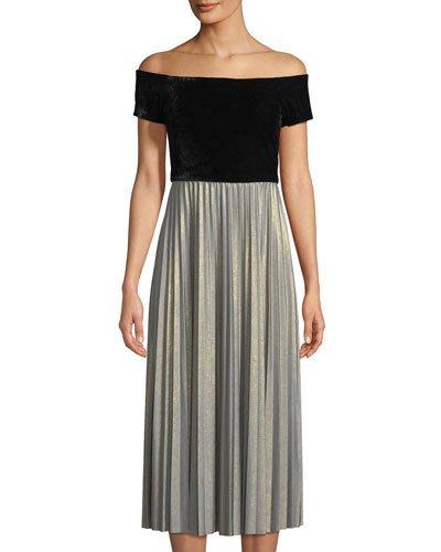 Velvet-bodice Off-the-shoulder Dress