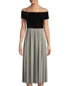 Velvet-bodice Off-the-shoulder Dress