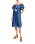 Off-the-shoulder Embroidered Denim Dress