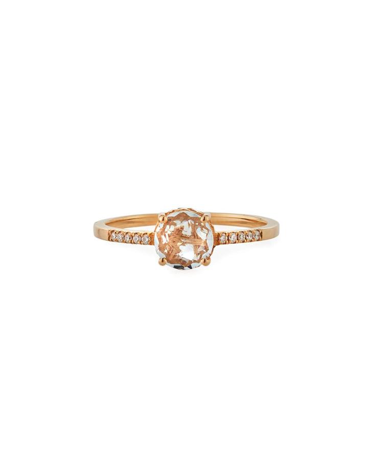 14k Rose Gold Round White Topaz Ring W/ Diamond Sides,