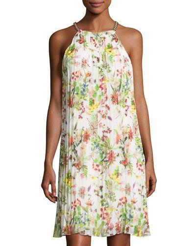 Chain-neck Sleeveless Pleated Dress,