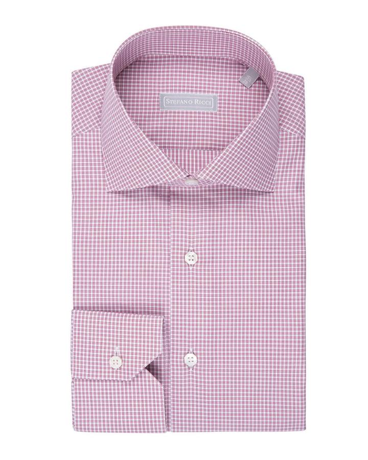 Fine-stripe Plaid Cotton Shirt, Burgundy