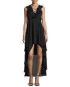 Lace-up High-low Ruffled Dress, Black